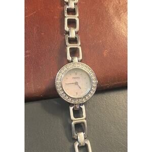 Women's 20mm Silver Tone Pulsar Watch, MOP Face, Crystal Accented Bezel